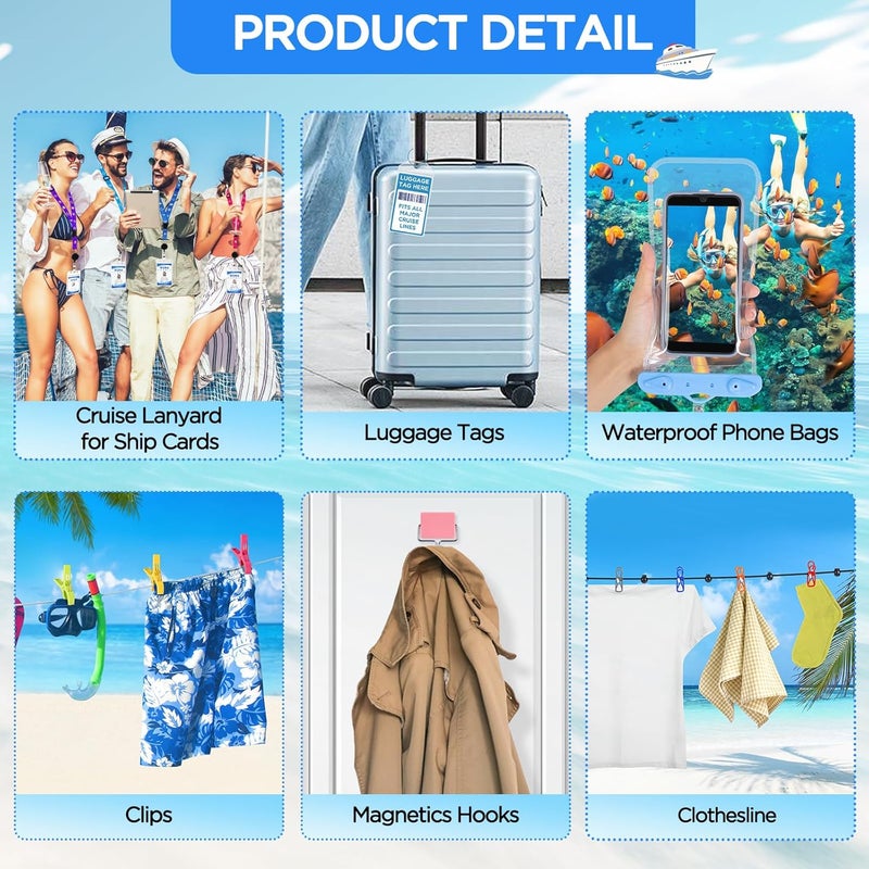 FACULX Cruise Ship Essentials, Cruise Must Haves Kits Including Non-Surge Power Strip, Lanyards for Cruise Ship Cards, Luggage Tags, Magnetic Hooks, Clothesline and Clips for All Cruise Lines - Image 2